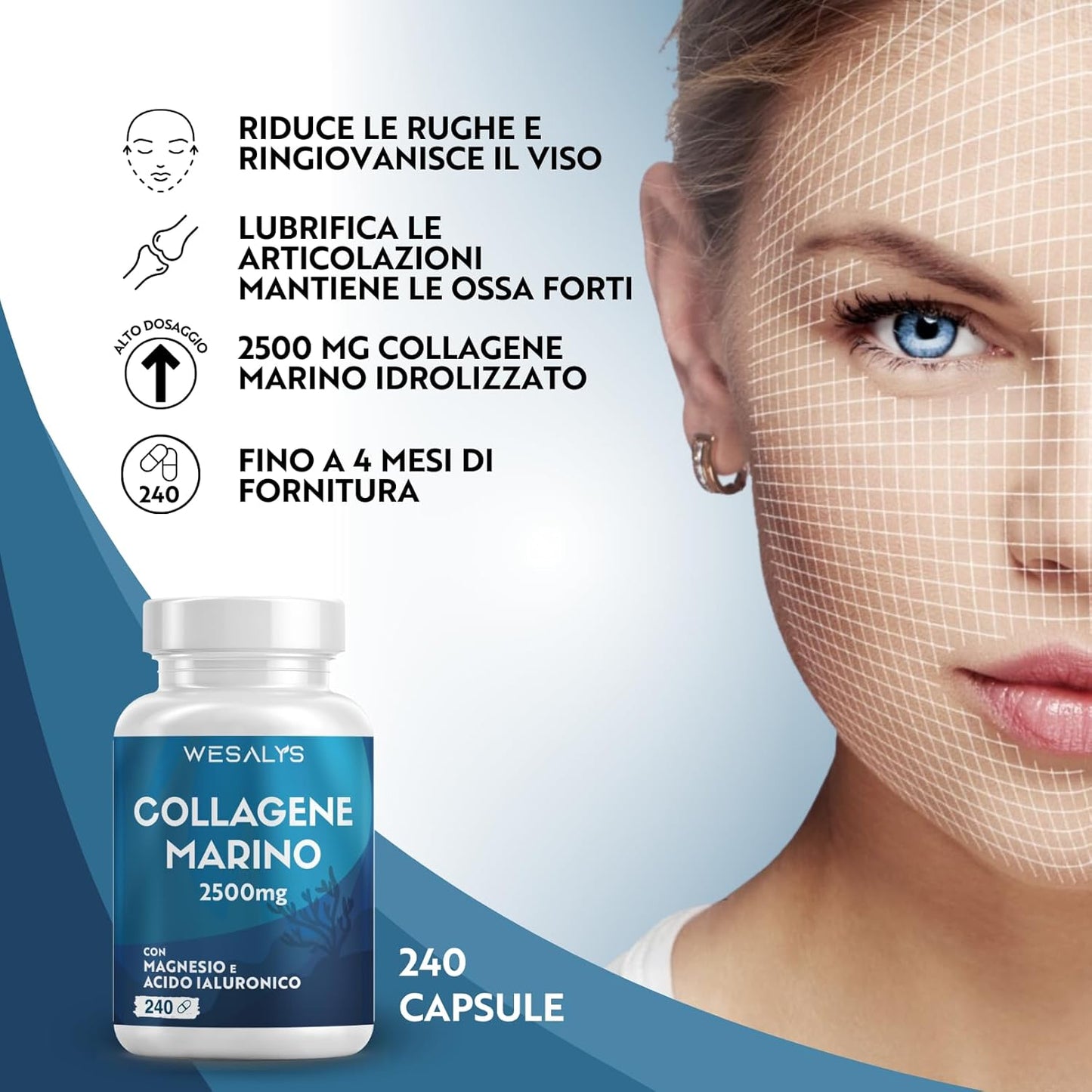 COLLAGENE MARINO con Acido ialuronico - 240 Capsule - 2500mg di Collagene idrolizzato, Integratore con Biotina, Vitamina C, Coenzima Q10 per Pelle, Capelli e Articolazioni