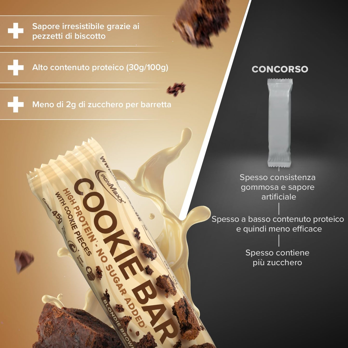 IronMaxx Cookie Protein Bar brownie cioccolato bianco, Barretta Proteica con pezzi di biscotti, 12 x 45 g (confezione da 12)