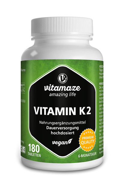 Vitamaze® Vitamina K2 MK-7 Alto Dosaggio Menachinone, 180 Compresse Vegan, Qualità Tedesca, Naturale Integratore Alimentare senza Additivi non Necessari