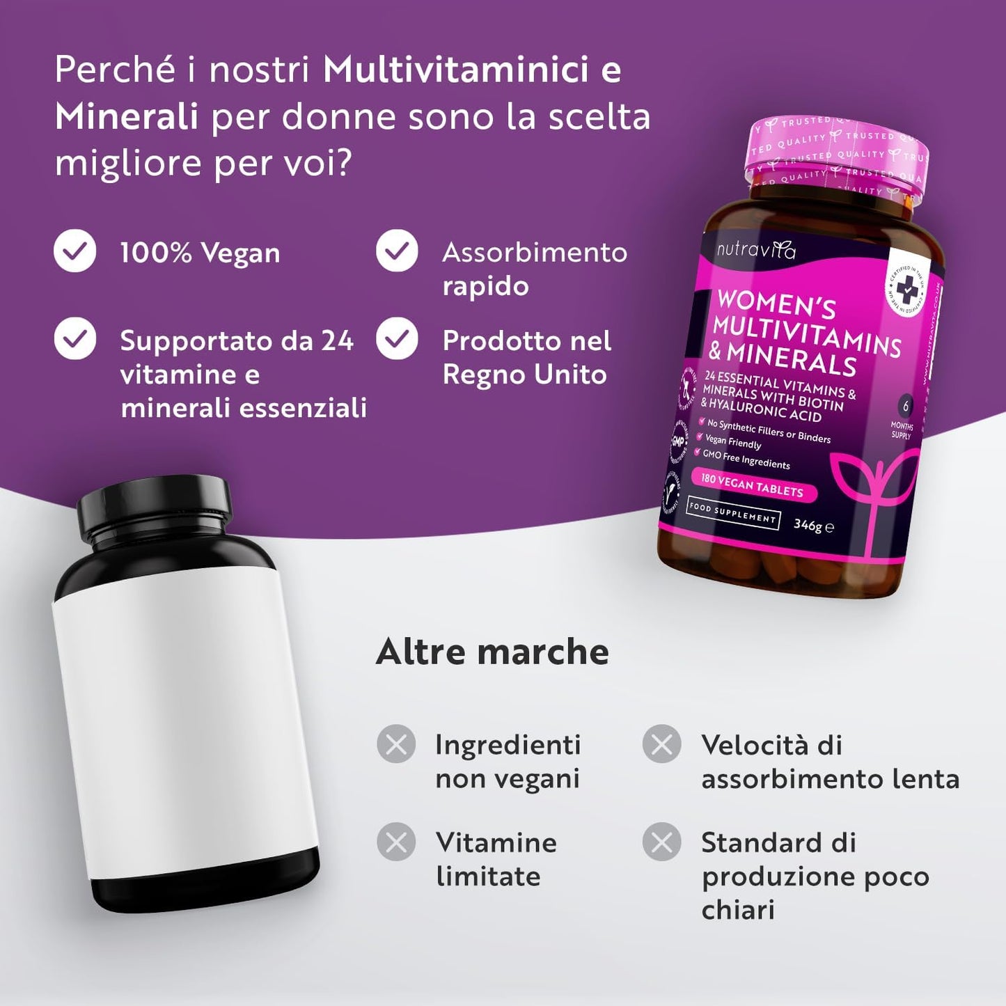 Multivitaminico e Multiminerale Donna - 24 vitamine e minerali attivi essenziali tra cui biotina e acido ialuronico - 180 compresse vegane - Senza riempitivi o leganti sintetici - Nutravita