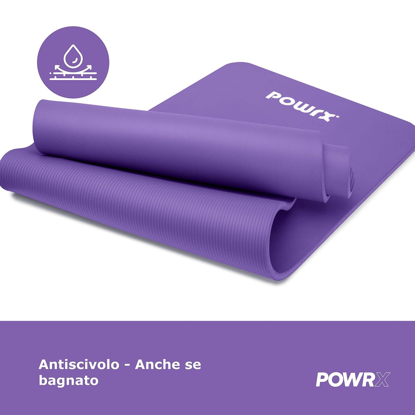 POWRX Tappetino Fitness Antiscivolo 190 x 60, 80, 100 cm - Ideale per Yoga, Pilates e Ginnastica - Extra Morbido e Spessore da 1,5 cm o 1 cm - Ecocompatibile con Tracolla e Sacca Trasporto + Poster