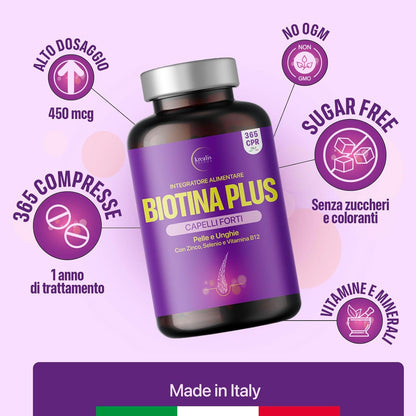 Integratori Per Capelli, Biotina, 365cpr (1 Anno Tripla Azione) Biotina Capelli, Pelle e Unghie Arricchita Con Zinco, Selenio, Vitamina B12, Vitamine Per Capelli, Forti e Sani