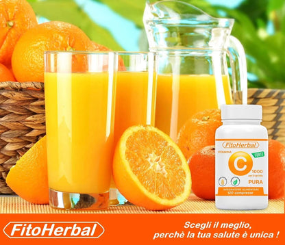 FitoHerbal Vitamina C Pura SENZA ADDITIVI Compresse Alto Dosaggio Integratore Acido Ascorbico Potenzia Sistema immunitario Protegge dai Radicali Liberi Antiossidante Naturale.