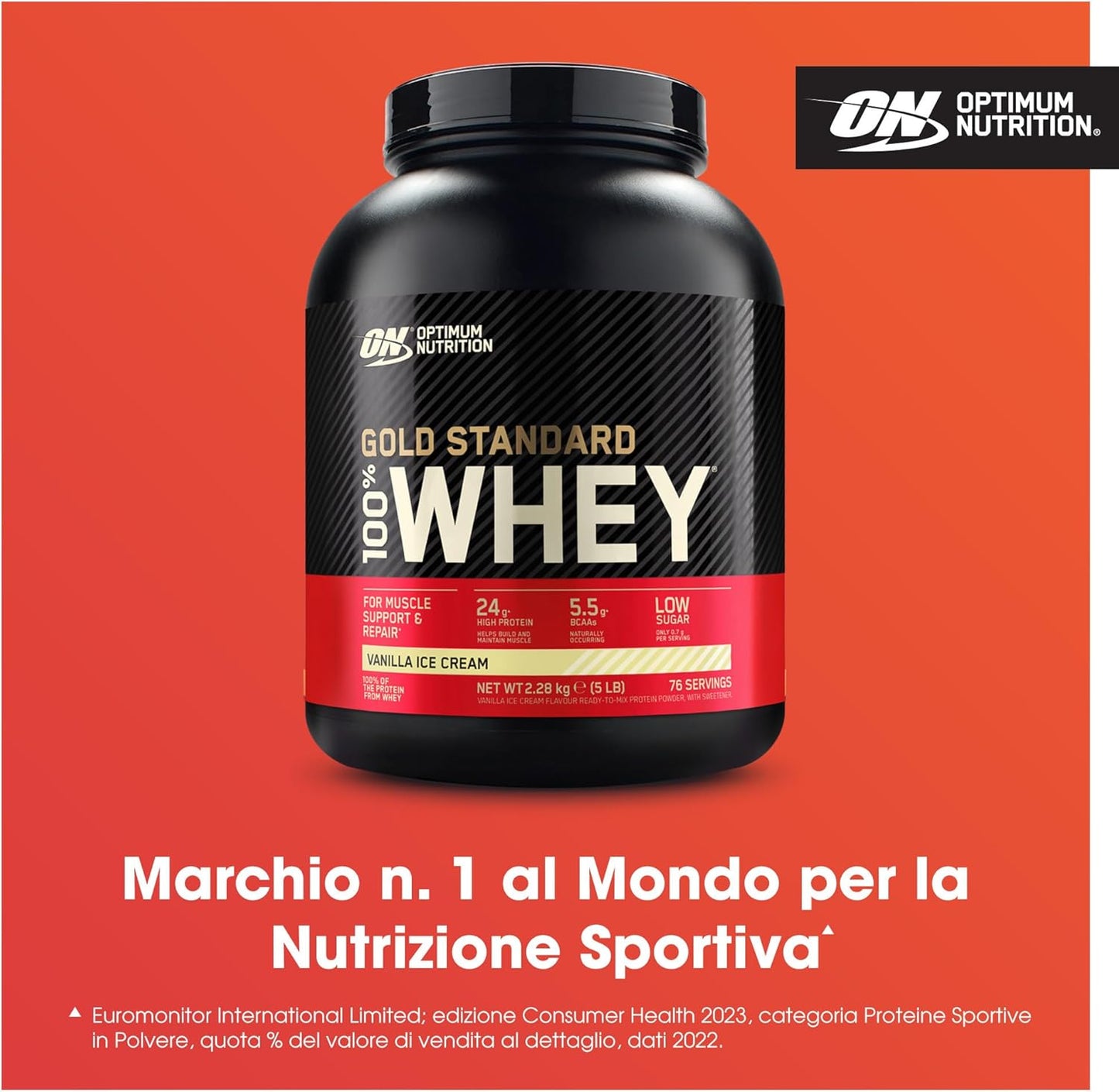 Optimum Nutrition Gold Standard 100% Whey Proteine in polvere per lo Sviluppo e il Recupero Muscolare con Glutammina e Aminoacidi BCAA Naturali, Gusto Gelato alla Vaniglia, 76 Dosi, 2,28 kg