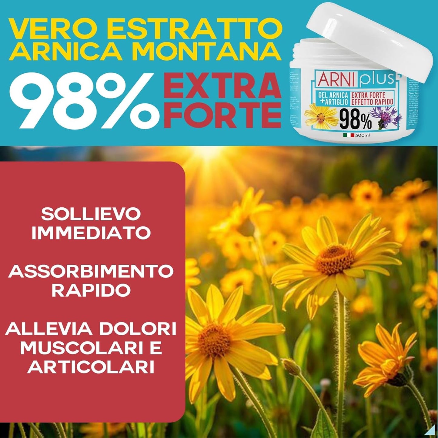 ARNIplus+ Arnica per cavalli uso umano, Gel extra forte 98%, assorbimento rapido, non unge, Arnica montana + Artiglio del diavolo, 500ML, made in italy