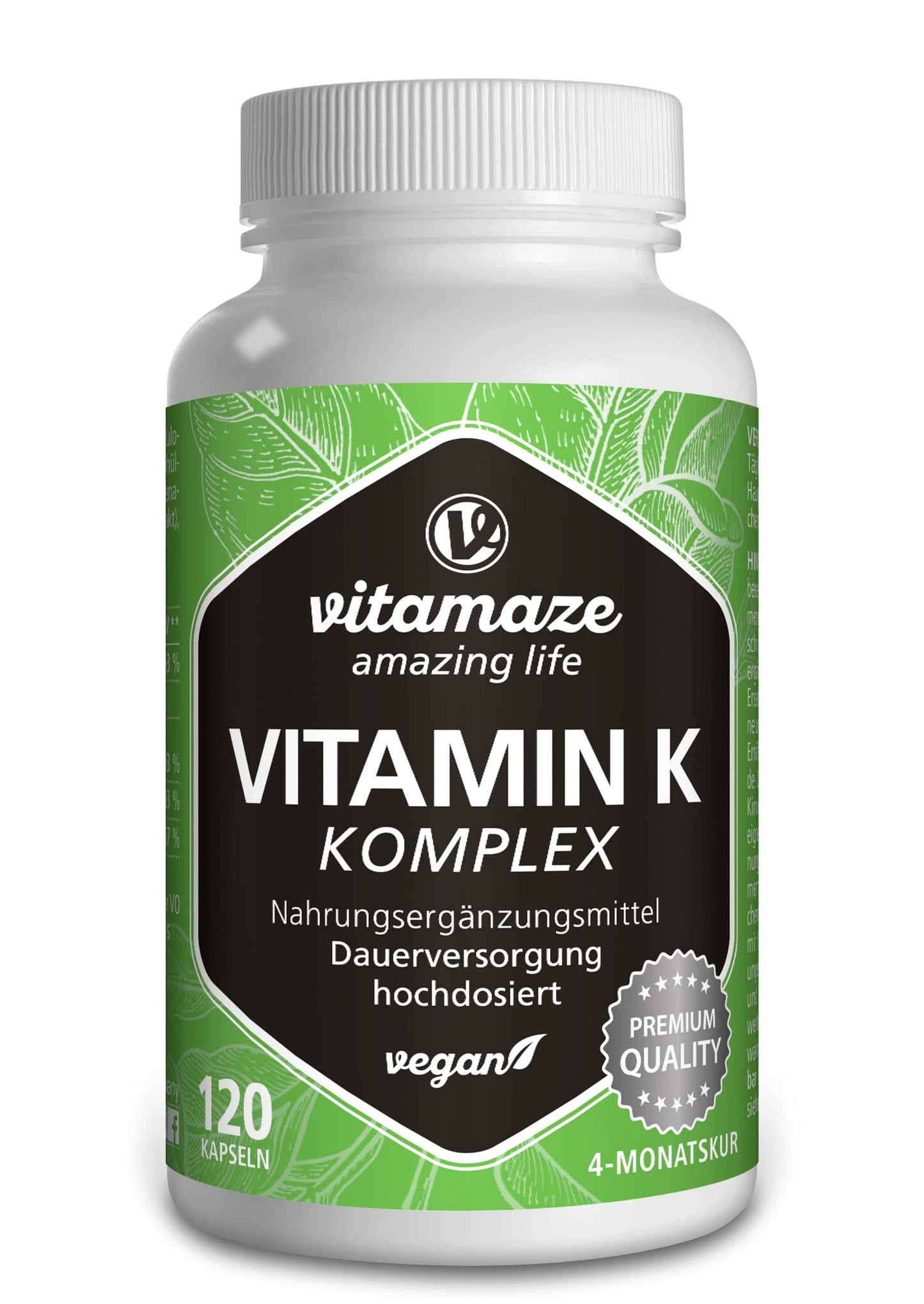 Vitamaze® Vitamina K2 MK-7 Alto Dosaggio Menachinone, 180 Compresse Vegan, Qualità Tedesca, Naturale Integratore Alimentare senza Additivi non Necessari