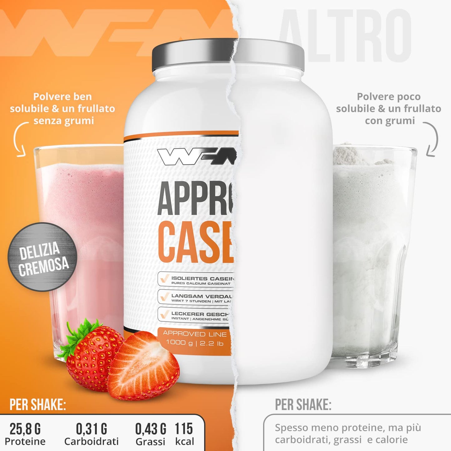 WFN Approved Casein - Neutro - 1 kg - Proteine della caseina con lattasi - Proteina in polvere cremosa - Molto solubile - Prodotto in Germania - Testato in laboratorio esterno