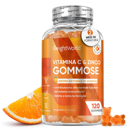 Vitamina C Masticabile con Zinco, 120 Vitamine Caramelle Gommose (2 Mesi), Zinco Integratore e Vitamina C come Acido Ascorbico, Orsetti Gommosi con Vitamina C Bambini e Adulti al Gusto Arancia Vegan