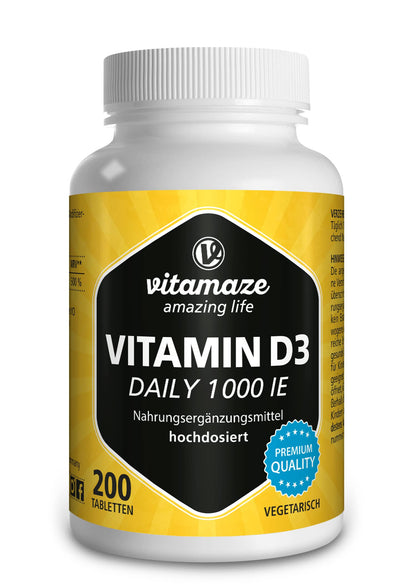 Vitamaze® Vitamina D3 240 compresse Alto dosaggio e vegetariana per più di 1 anno, 2000 UI, 50 mcg di colecalciferolo puro, integratore alimentare naturale senza additivi, Prodotto in Germania