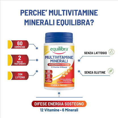 equilibra Integratori Alimentari, Multivitamine e Minerali, a base di 12 Vitamine e 6 Minerali con Luteina, Indicato per Diete Povere di Minerali e Vitamine o Aumentato Fabbisogno, 60 Compresse