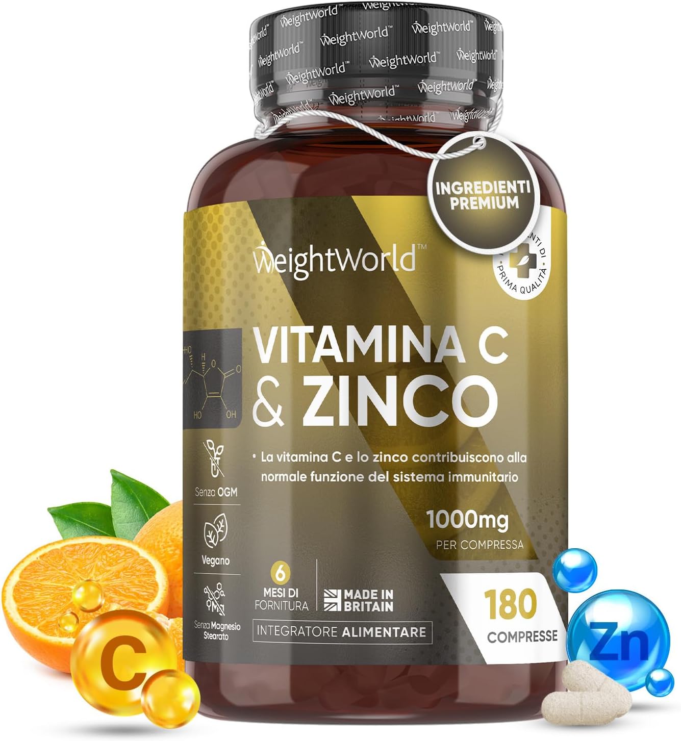 Vitamina C 1000mg e Zinco, 1 Compressa al Giorno, Sistema Immunitario, Pelle, Ossa, Unghie, Capelli, Vitamina C e Zinco Bisglicinato, Acido Ascorbico Vitamina C, Zinco Integratore con Vitamina C Pura