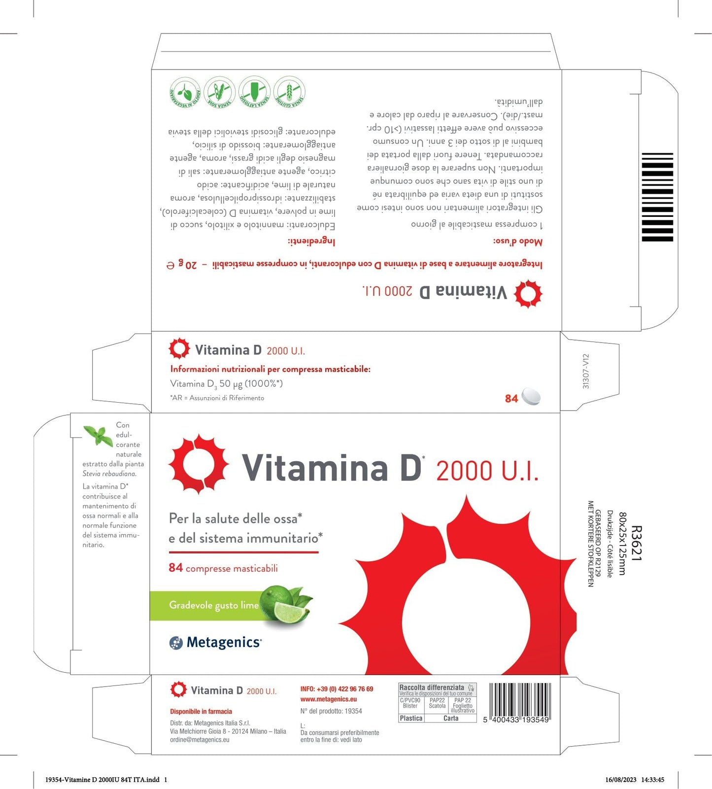 Metagenics Vitamina D 2000 U.I. - Integratore Sistema Immunitario - Per la Salute delle Ossa - 168 Compresse Masticabile