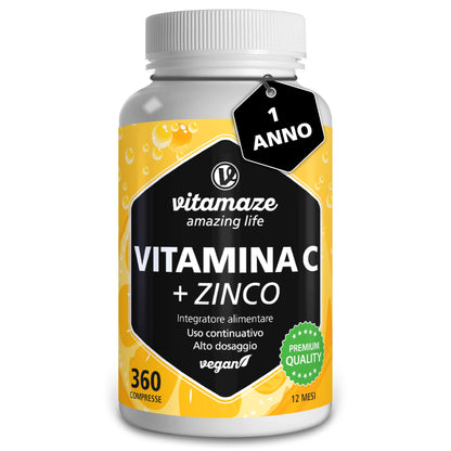 Vitamina C 1000mg (1 Anno) + Zinco + Bioflavonoidi, 360 Compresse, 1 Compresse per Giorno, Vegan Vitamina C Pura Dose Forte, Qualità Tedesca, Integratore Alimentare senza Additivi. Vitamaze®