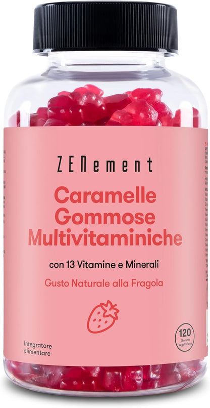 Multivitaminico Caramelle, 120 Caramelle Gommose - Integratore Completo con 13 Vitamine e Minerali - Multivitaminiche Gusto Fragola - Vitamina C, Vitamina D3, Vitamine B, Vitamina E, Zinco - Zenement