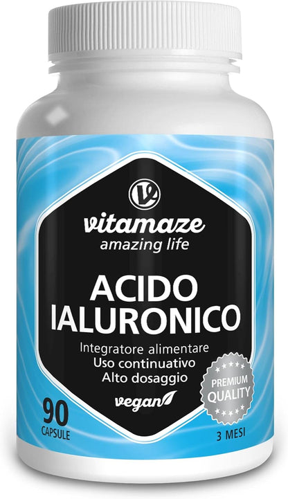 Vitamaze® Acido Ialuronico Puro ad Alto Dosaggio 300 mg per Capsula Vegan, 90 Capsule per 3 Mesi, Elevata Biodisponibilità: Micromolecolare 500-700 kDa, Integratore Alimentare senza Additivi