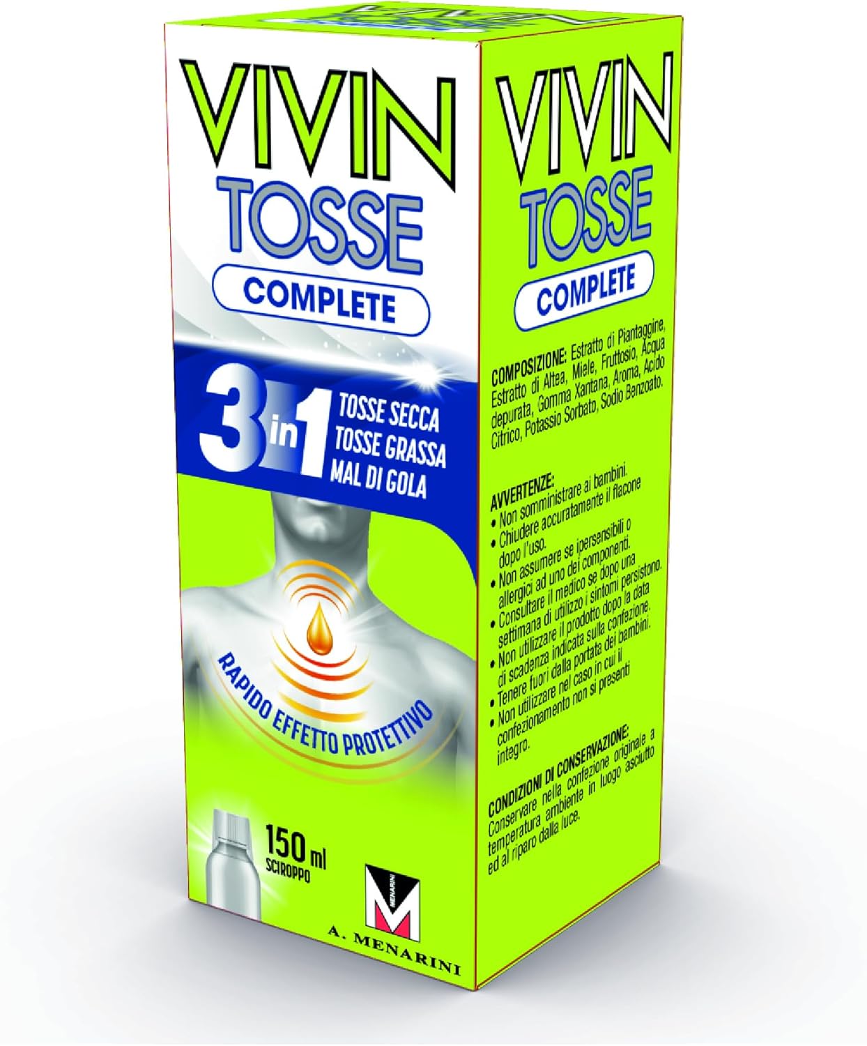 Vivin Tosse Complete - 150 ml. Sciroppo per mal di gola, tosse secca e tosse grassa a base di estratti vegetali. Protegge e promuove l'idratazione della mucosa faringea. Senza Glutine.