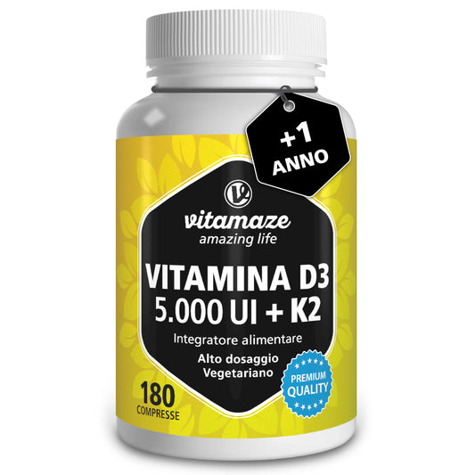 Vitamaze® Vitamina D3 K2 (+1 Anno) di Alto Dosaggio Vitamina D3 + 20 mcg Vitamina K2 al Giorno, 180 Piccole Compresse Vegetariane, Elevata Biodisponibilità, Qualitá Tedesca