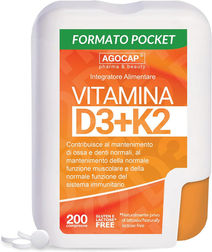 Vitamina D3 K2, 200 Microcompresse in Confezione Tascabile. Vitamina D3 2000 ui e Vitamina K2 (MK7), per Ossa, Denti, Articolazioni e Sistema Immunitario. Qualità ITALIANA. K2 Vitamina. D3 K2, Agocap