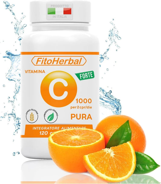 FitoHerbal Vitamina C Pura SENZA ADDITIVI Compresse Alto Dosaggio Integratore Acido Ascorbico Potenzia Sistema immunitario Protegge dai Radicali Liberi Antiossidante Naturale.