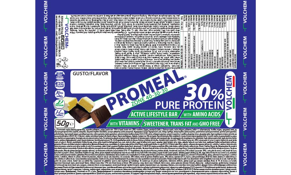 Volchem Promeal Zone 40-30-30, Barretta Proteico-Energetica con Ripartizione di Carboidrati-Proteine-Grassi (40-30-30), Senza Grassi Idrogenati, Scatola da 24 Barrette, Gusto Menta, 1200 g