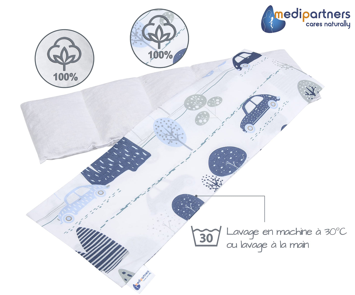 Medi Partners Cuscino Termico noccioli ciliegio 60x20cm 800g 100% Cotone 5 Camere Grande Terapia del freddo Federa sfoderabile (Stelle)