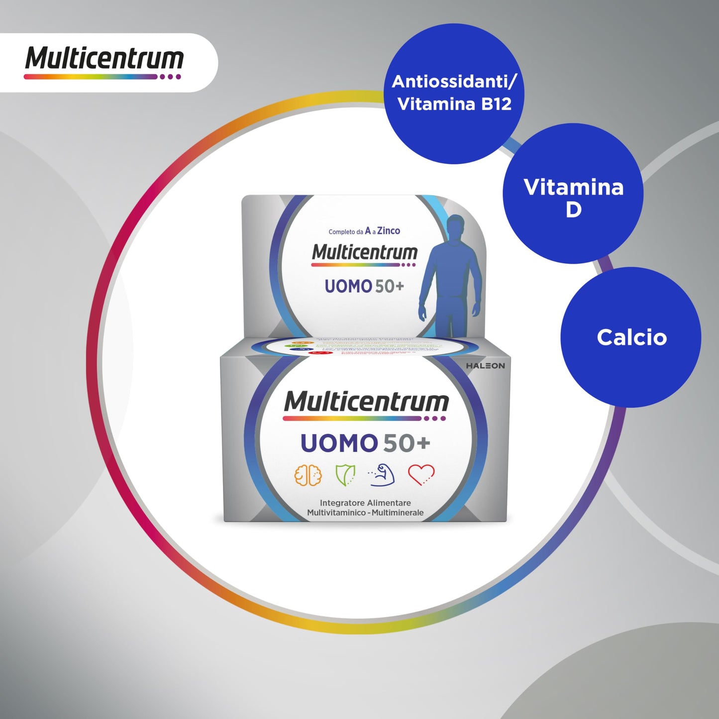 Multicentrum Uomo 50+ Integratore Alimentare Multivitaminico Completo, con Vitamina D3, Supporto Contro la Stanchezza per Uomini oltre 50 anni, 100 Compresse