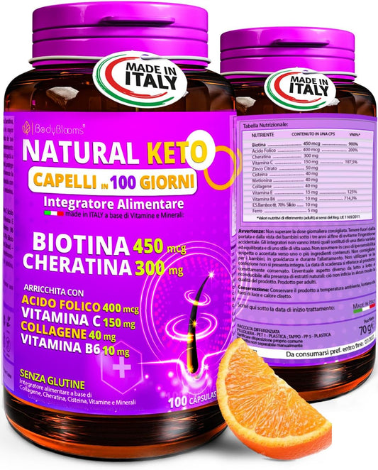 NATURAL KETO® Capelli in 100 Giorni. Integratori per capelli donna uomo con 12 vitamine per capelli tra cui Collagene,Biotina crescita capelli,Cheratina,Ferro,Vitamina b. Integratore capelli ITALIANO