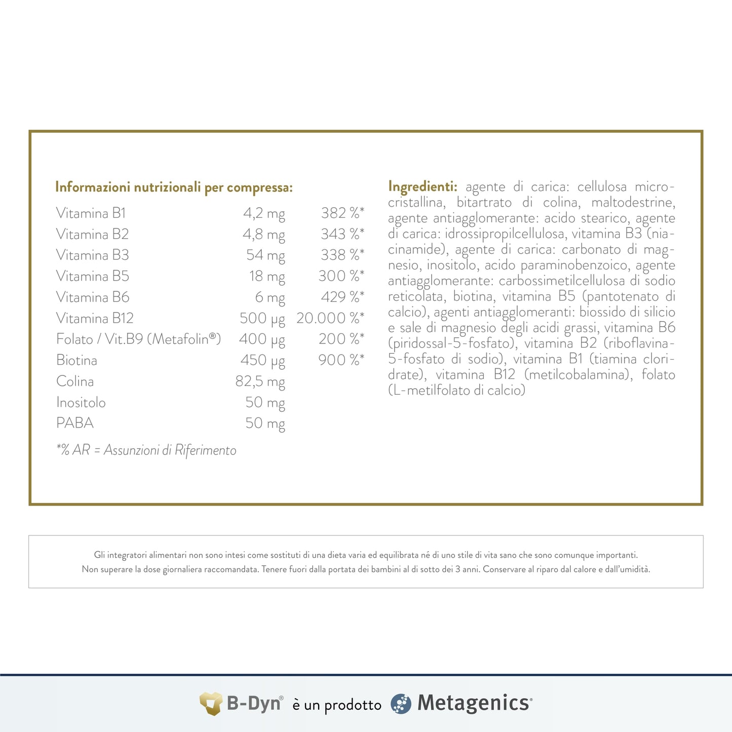 B-Dyn - Sostiene il Sistema Nervoso, il Metabolismo dell'Omocisteina - Aiuta in Caso di Stanchezza - 90 compresse