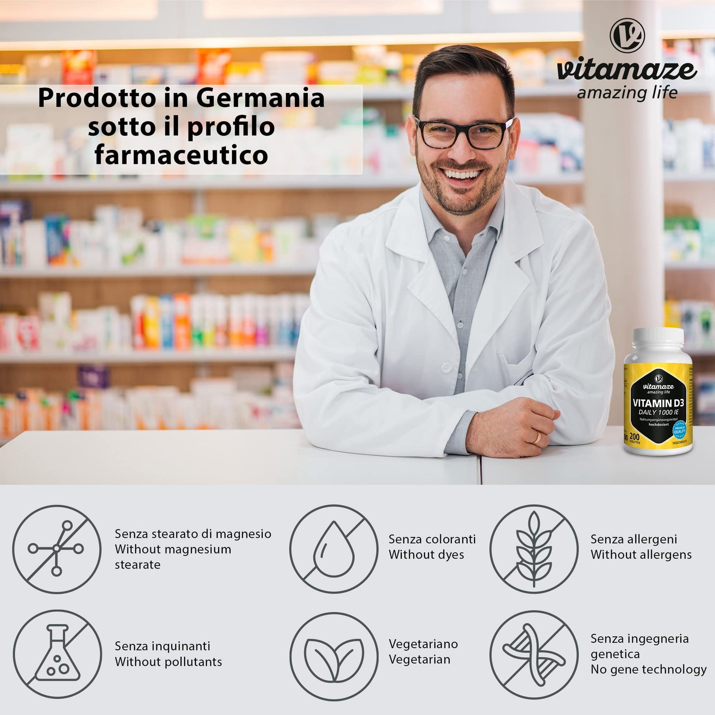 Vitamaze® Vitamina D3 240 compresse Alto dosaggio e vegetariana per più di 1 anno, 2000 UI, 50 mcg di colecalciferolo puro, integratore alimentare naturale senza additivi, Prodotto in Germania