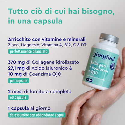 Collagene Marino con Acido Ialuronico, con Coenzima Q10, Vitamina C e Zinco, Vitamine A, B12, D3, Magnesio, 60 Capsule, Collagene Marino Idrolizzato, Collagene Integratore Pelle, Ossa e Articolazioni