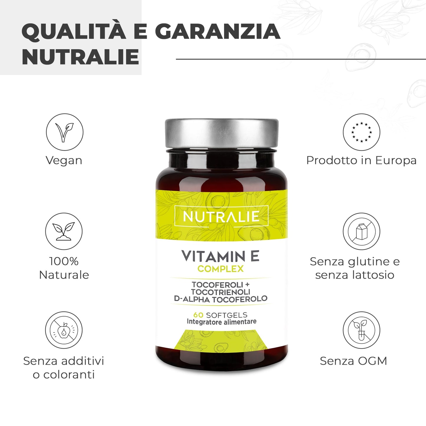 Vitamina E Pura - Tocoferolo Naturale Massimo Assorbimento - Antiossidante Pelle e Anti-aging - Vitamina E Tocoferolo + Tocotrienolo - Vitamina E Capsule per Viso | 60 Capsule Molli Nutralie