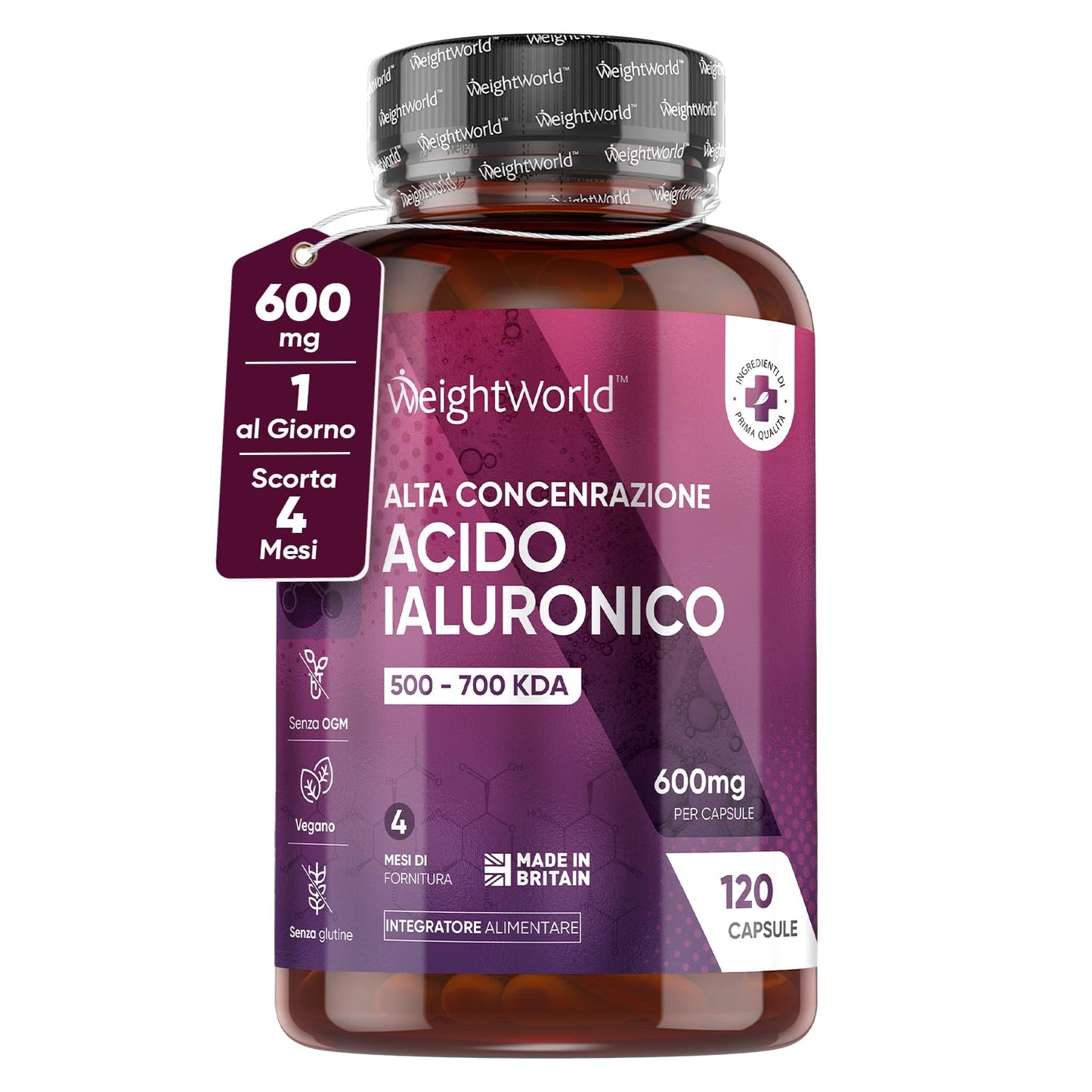 Acido Ialuronico Integratore Vegan 600mg con 500-700 kDa, 120 Capsule Hyaluronic Acid per 4 Mesi, Sodio Ialuronato, 1 Capsula al Giorno, Acido Ialuronico Puro Alternativa a Acido Ialuronico Compresse