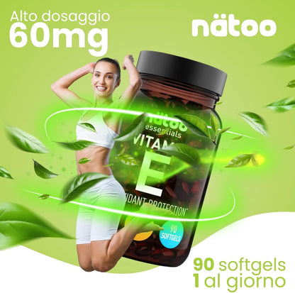 NÄTOO Vitamina E 60mg (90UI) Softgel 90 perle. Integratore naturale (D-Alfa-Tocoferolo) - Vitamina E Pura potente antiossidante - Alto dosaggio 500% del VNR