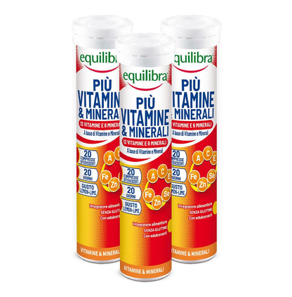 equilibra Integratori Alimentari, Più Vitamine e Minerali, Integratore Multivitamine con 12 Vitamine e 6 Minerali per Efficienza e Vitalità, Gusto Lemon Lime, 20 Compresse Effervescenti