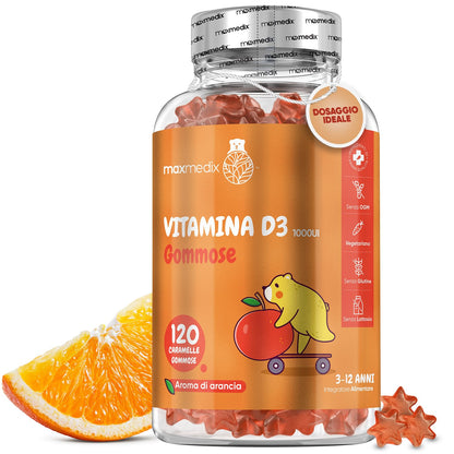 Vitamina D Bambini, 120 Gommose di Vitamina D3 (4 Mesi), Vitamin D Necessaria per la Normale Crescita e Sviluppo delle Ossa nei Bambini, Gommose all'Arancia, Vitamina D per Bambini 1000UI, 3-12 Anni