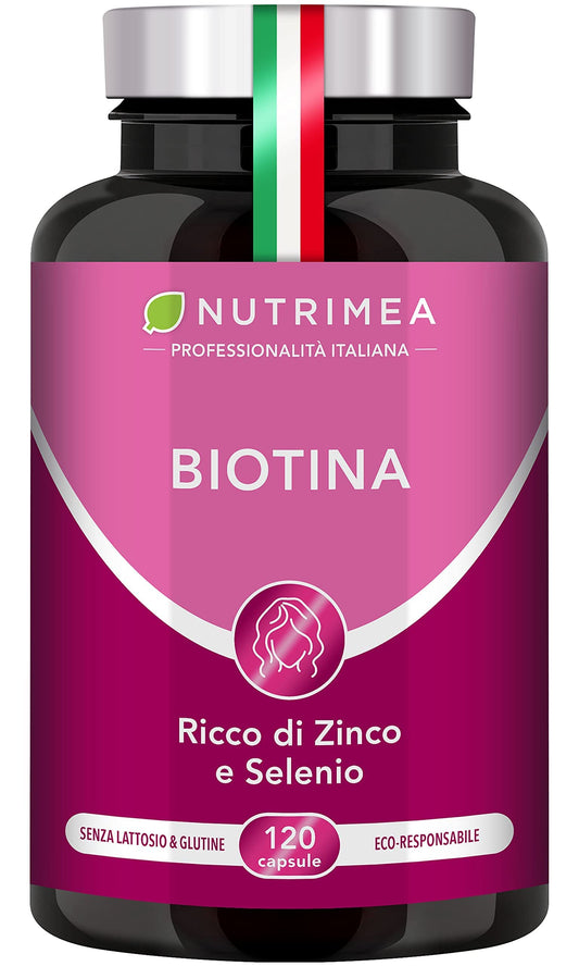 Biotina Nutrimea | Capelli, Unghie e Pelle | Vitamina B8, Zinco, Selenio e Semi di Zucca | Trattamento 4 Mesi | 120 Capsule Vegane