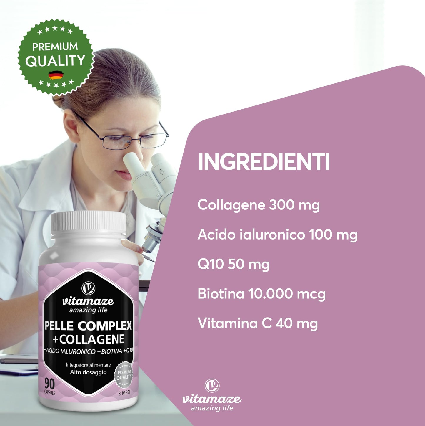 Acido Ialuronico ad Alto Dosaggio Puro + Coenzima Q10, Capsule Vegan per un Trattamento di 2 Mesi, Micromolecule 500-700 kDa, Qualità Tedesca, Integratore Alimentare senza Additivi