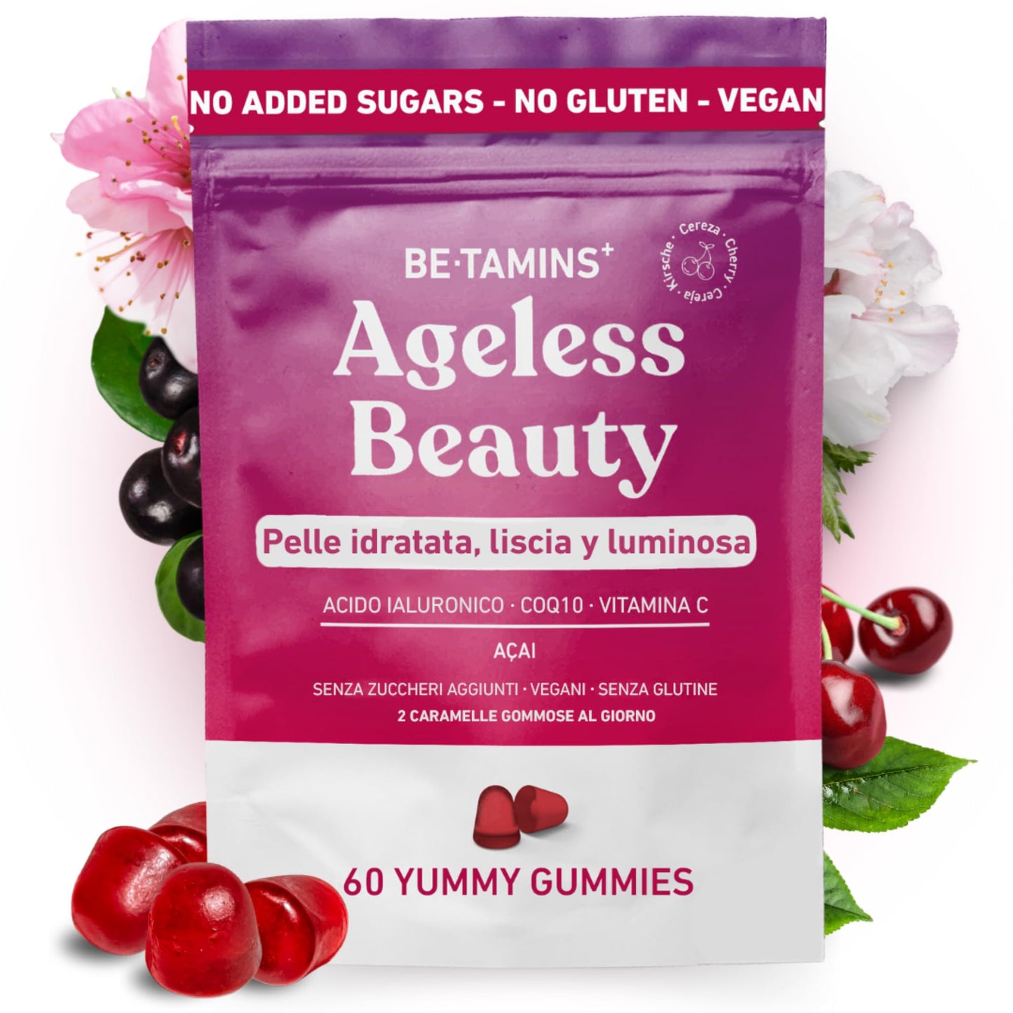 Caramelle Acido Ialuronico Puro Q10 Coenzima Vitamina C Gommose Açai - Idratazione Antietà Elasticità e Lucentezza per la Tua Pelle - Potenti Antiossidanti Naturali 60 Beauty Gummies