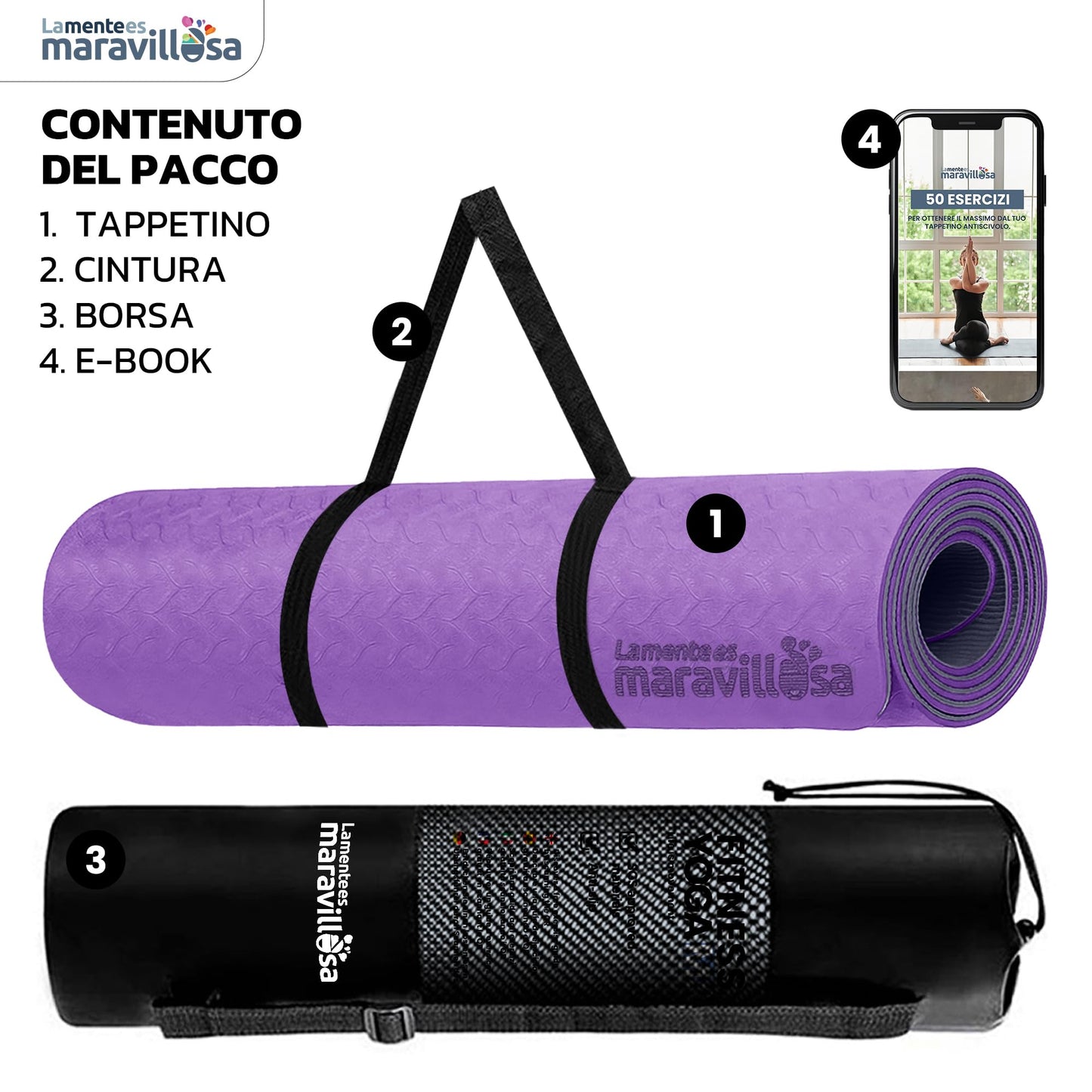 LA MENTE ES MARAVILLOSA - Tappetino per Yoga, Pilates, Fitness o Altri Sport, Tappetino Antiscivolo in TPE con Borsa a Tracolla, Tappetino da Allenamento 183 x 61 cm