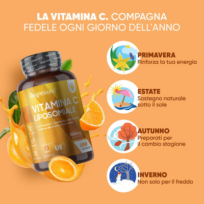 Vitamina C Liposomiale, Sistema Immunitario, Ossa, Pelle, Stanchezza, Vitamina C Pura 180 Capsule, Vitamina C 1000mg Vegan, Vit C Liposomiale Acido Ascorbico 3 Mesi, Vitamina C Naturale Alto Dosaggio