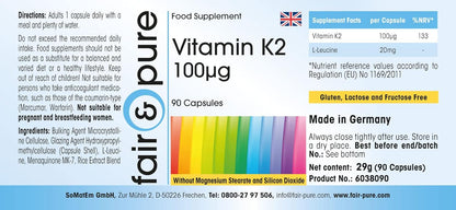 Fair & Pure® - Vitamina K2 100µg - Menaquinone MK7 Naturale - Da Natto - Vegan - 90 Capsule