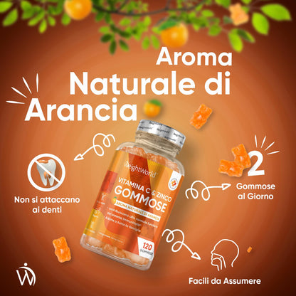 Vitamina C Masticabile con Zinco, 120 Vitamine Caramelle Gommose (2 Mesi), Zinco Integratore e Vitamina C come Acido Ascorbico, Orsetti Gommosi con Vitamina C Bambini e Adulti al Gusto Arancia Vegan