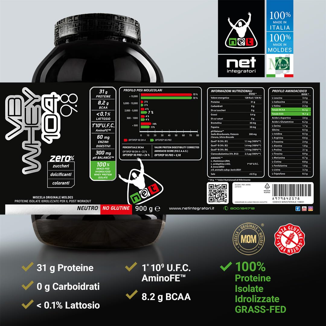 NET Integratori VB WHEY 104 9.8 Optipep - 900g Cioccolato - Proteine Isolate Idrolizzate per via Enzimatica Con EAA e BCAA - Massimizza Sintesi Proteica, Crescita e Mantenimento Muscolare