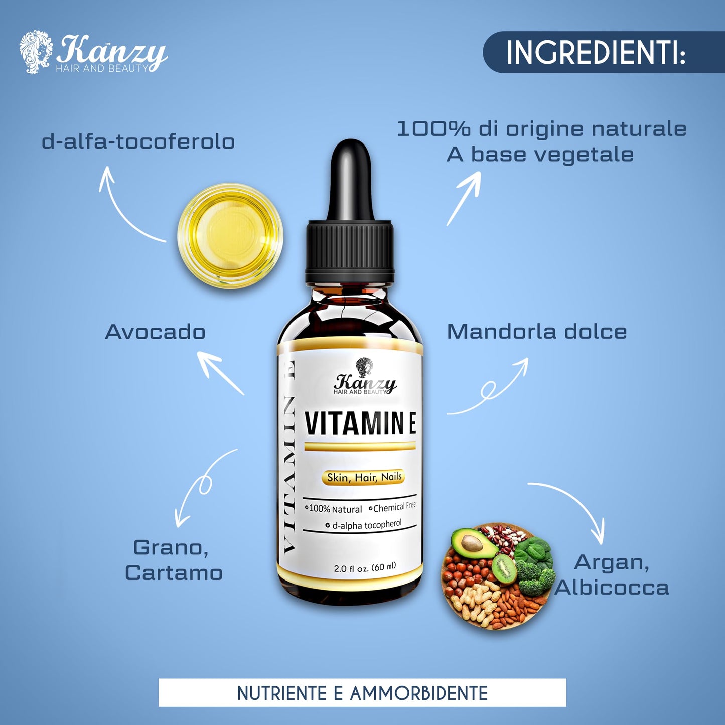 Kanzy Olio di Vitamina E per il Viso, Capelli, Unghie e Pelli 100% Naturale d-Alfa-Tocoferolo, 60 ml Vitamin E Oil Olio Antietà Contro le Rughe Olio ideale per Uomini e Donne