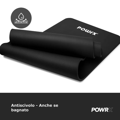 POWRX Tappetino Fitness Antiscivolo 190 x 60, 80, 100 cm - Ideale per Yoga, Pilates e Ginnastica - Extra Morbido e Spessore da 1,5 cm o 1 cm - Ecocompatibile con Tracolla e Sacca Trasporto + Poster