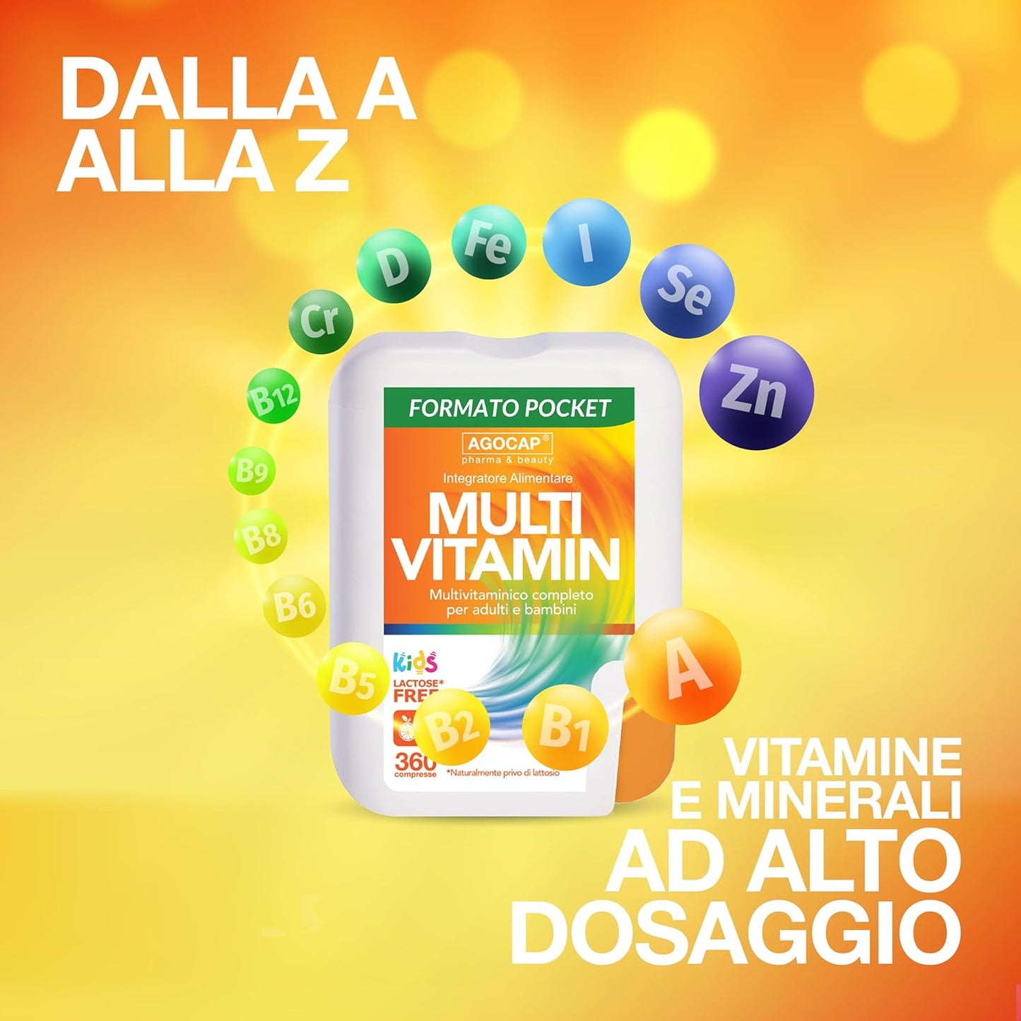 Multivitaminico Completo, Integratori Stanchezza, 360 mini compresse masticabili. Multivitaminico, complesso di Vitamine ad ALTO DOSAGGIO ideale per donna, uomo e bambino. Multivitamin, Agocap