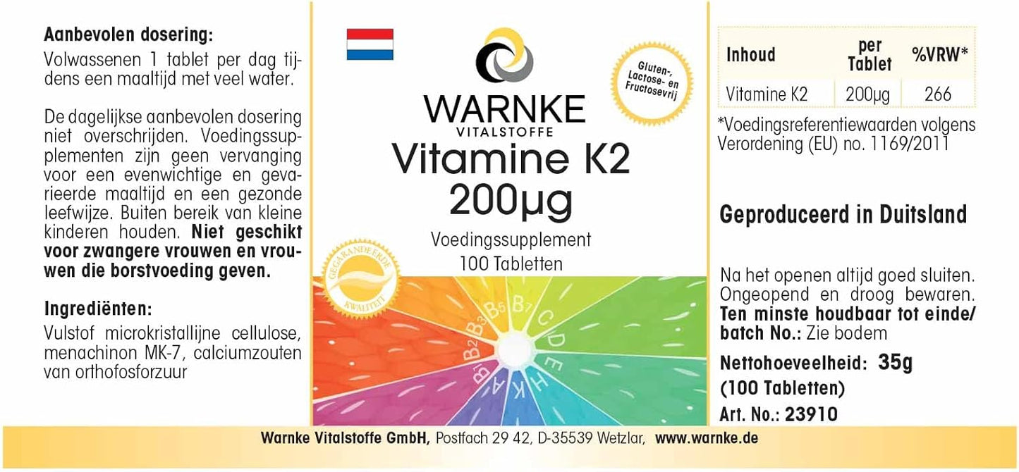 Vitamina k2 mk7 200 mcg - 100 compresse - Menachinone naturale MK-7 - vegan | Warnke Vitalstoffe - Qualità da farmacia tedesca