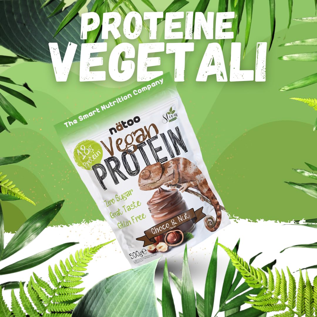 NÄTOO Proteine in Polvere Vegane - 500g Gusto Choco Nut senza Zucchero - Proteine in Polvere Isolate Vegetali provenienti dal Pisello e dal Riso - 18 grammi per Porzione - Proteine senza lattosio