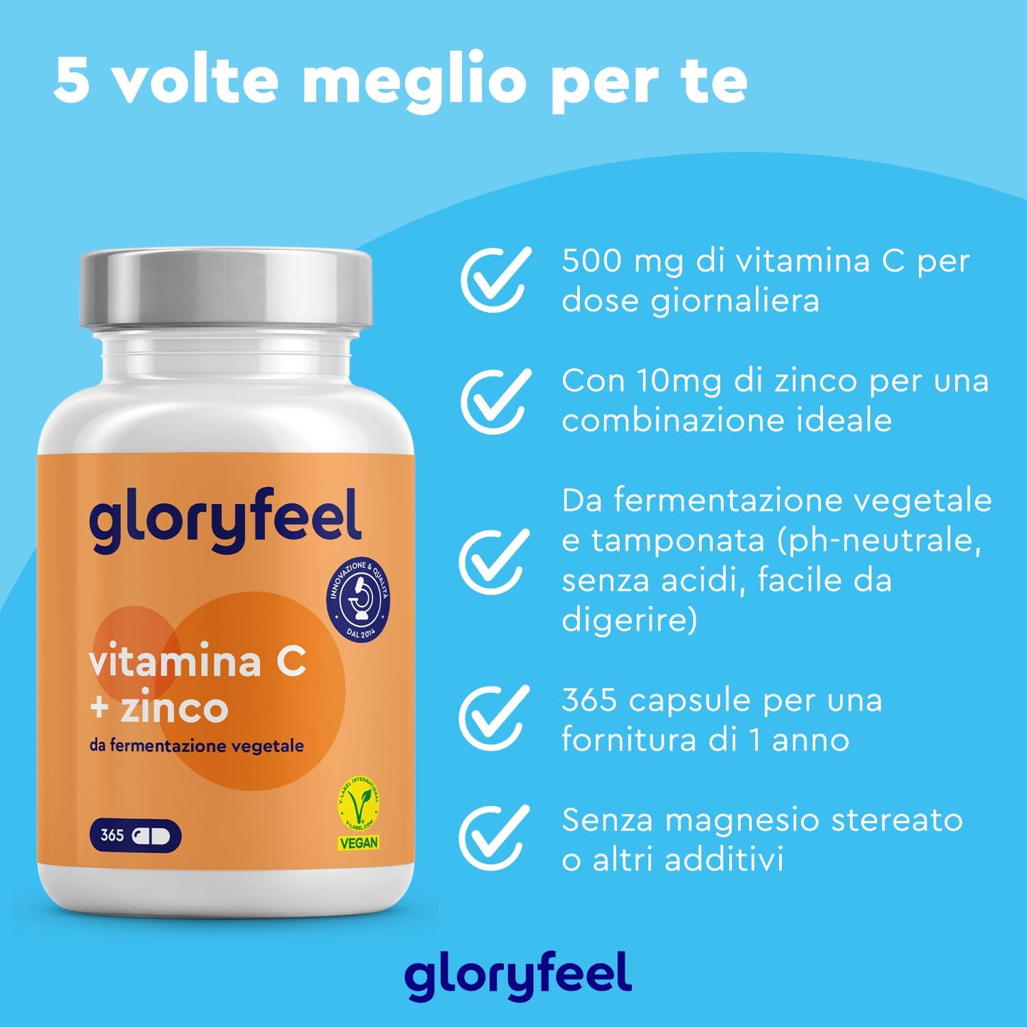 Vitamina C, 365 Capsule Vegan (Scorta 1 anno), con Zinco, Qualità Premium, Vitamina C 500mg + 10mg Zinco, Integratore Vitamina C Tamponata con Ascorbato di Calcio, per Difese Immunitarie, 100% vegan,