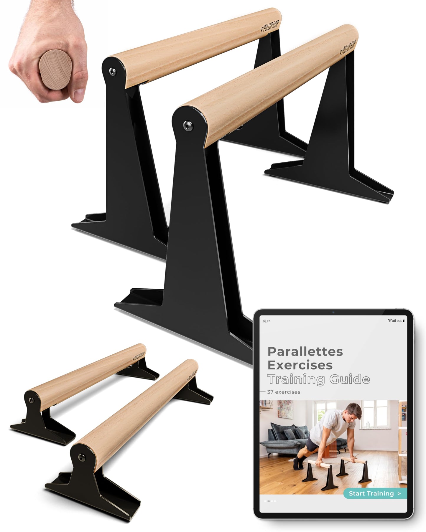 PULLUP & DIP Parallele in Legno, Parallettes Basse o Medie con Maniglie Ergonomiche, Barre Parallele Maniglie per Flessioni per Calisthenics e Corpo Libero